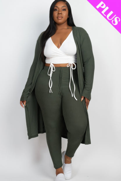 Plus Size Ribbed Long Cardigan & Leggings Set - Plus Size Clothing
