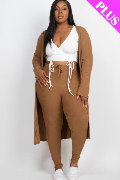 Plus Size Ribbed Long Cardigan & Leggings Set - Plus Size Clothing