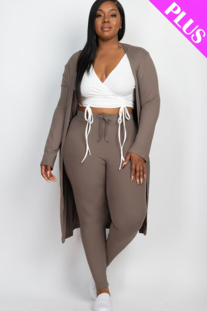 Plus Size Ribbed Long Cardigan & Leggings Set - Plus Size Clothing