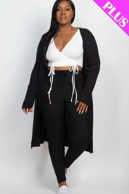 Plus Size Ribbed Long Cardigan & Leggings Set - Plus Size Clothing