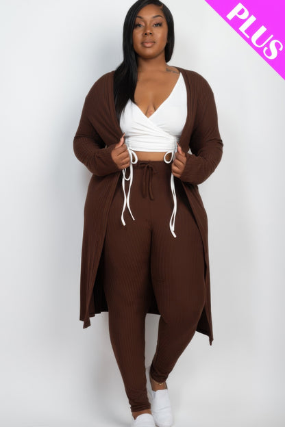Plus Size Ribbed Long Cardigan & Leggings Set - Plus Size Clothing