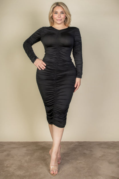 plus-size-ruched-long-sleeve-midi-dress