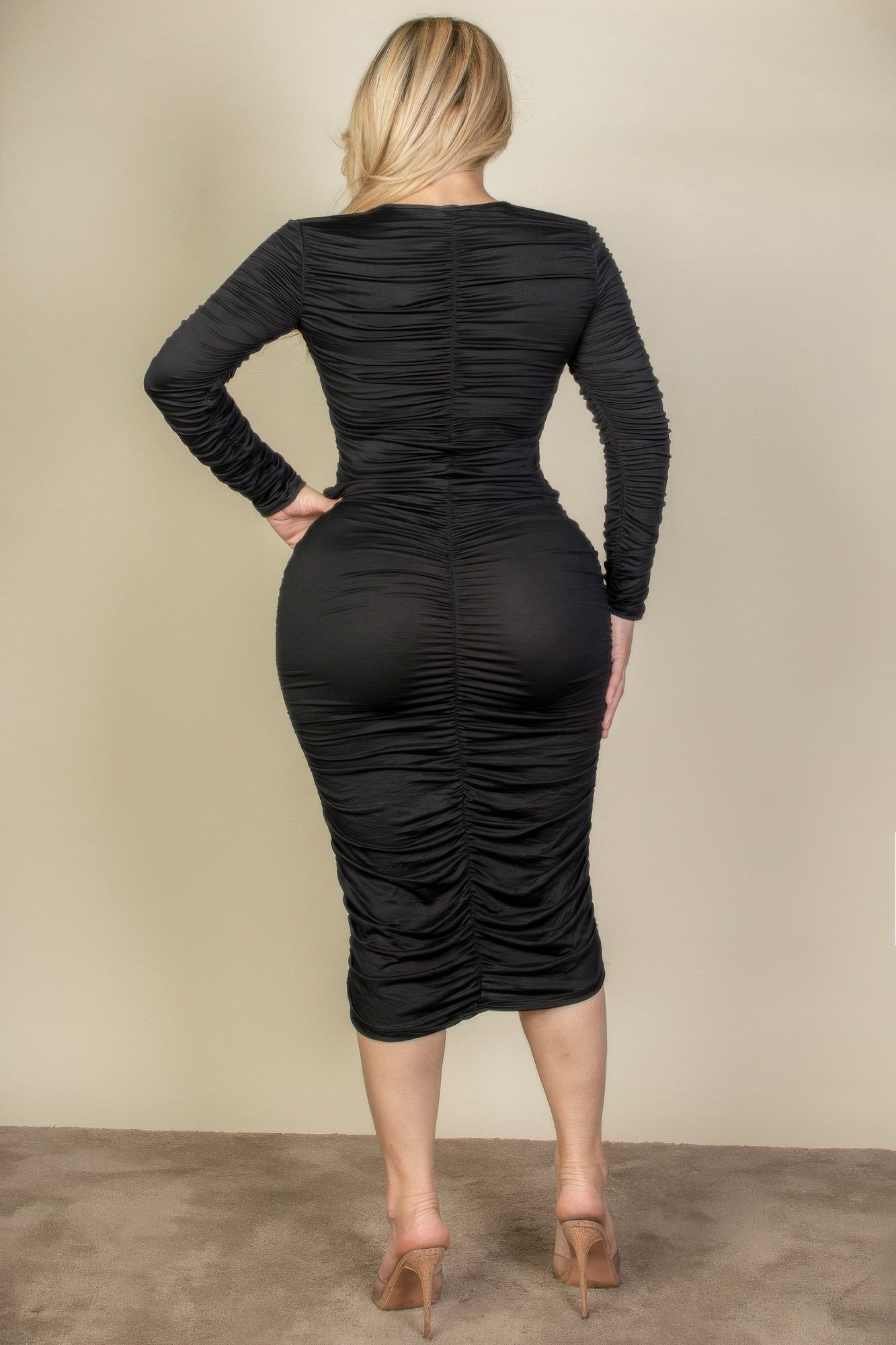 long sleeve midi bodycon dress plus size Red Plus Size Ruched Bodycon Midi Dress