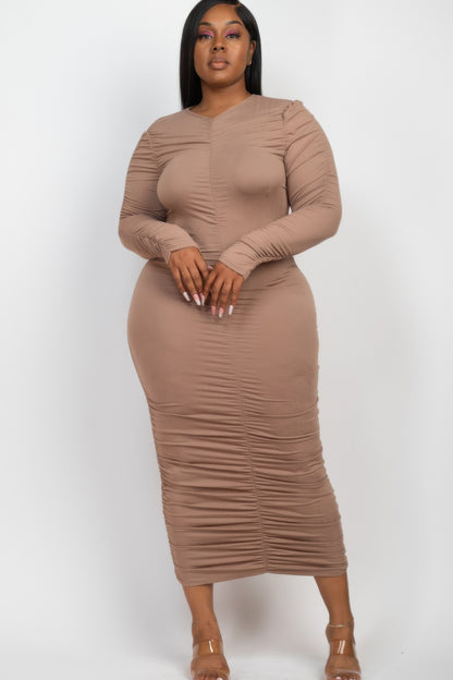 plus-size-ruched-long-sleeve-midi-dress