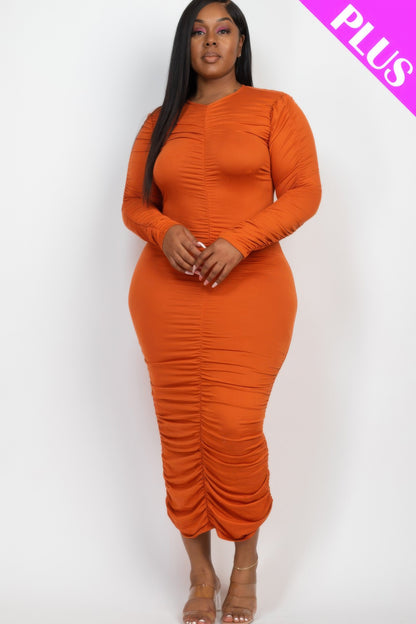 plus-size-ruched-long-sleeve-midi-dress