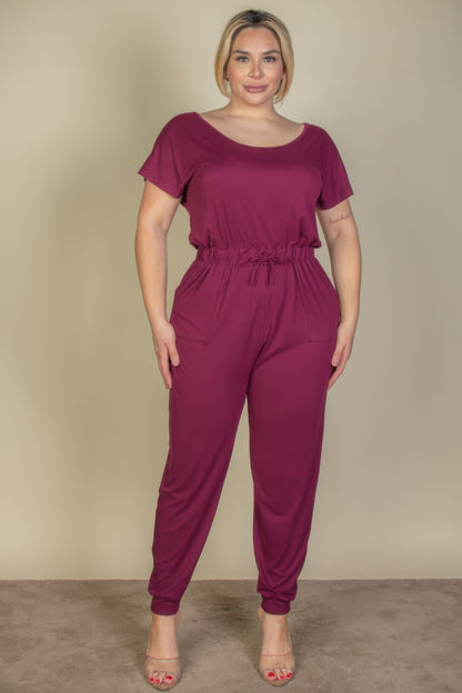 Plus Size Solid Drawstring Short Sleeve Jumpsuit - Plus Size Clothing