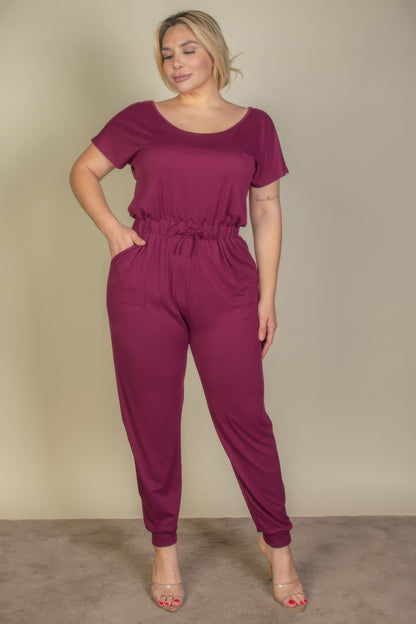 Plus Size Solid Drawstring Short Sleeve Jumpsuit - Plus Size Clothing