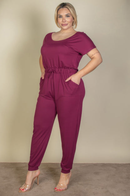 Plus Size Solid Drawstring Short Sleeve Jumpsuit - Plus Size Clothing