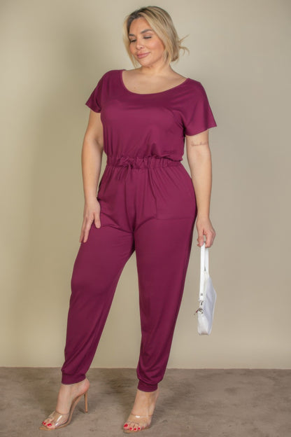 Plus Size Solid Drawstring Short Sleeve Jumpsuit - Plus Size Clothing