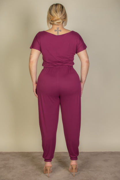 Plus Size Solid Drawstring Short Sleeve Jumpsuit - Plus Size Clothing