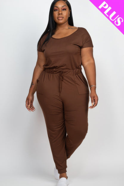 Plus Size Solid Drawstring Short Sleeve Jumpsuit - Plus Size Clothing