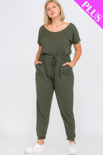 Plus Size Solid Drawstring Short Sleeve Jumpsuit - Plus Size Clothing