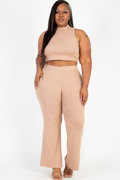 Plus Size Ribbed Mock Neck Crop Tank Top& Bootcut Pants Set - Plus Size Clothing