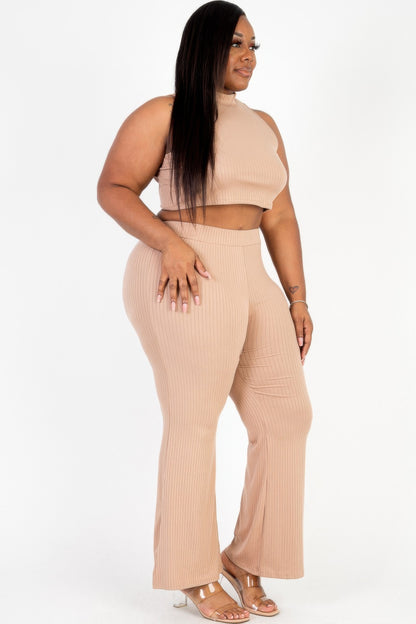 Plus Size Ribbed Mock Neck Crop Tank Top& Bootcut Pants Set - Plus Size Clothing