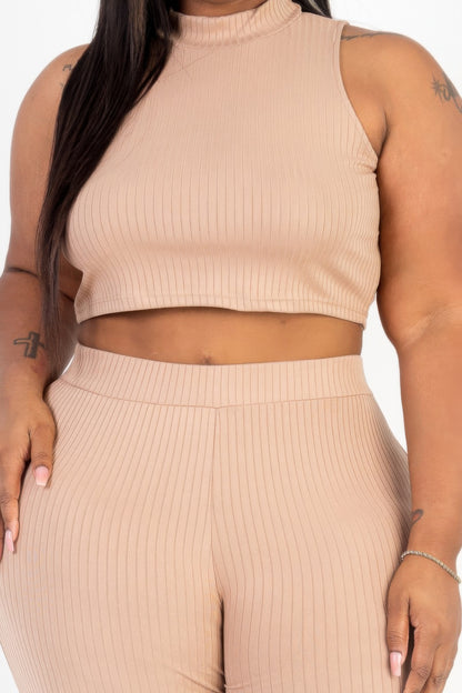 Plus Size Ribbed Mock Neck Crop Tank Top& Bootcut Pants Set - Plus Size Clothing
