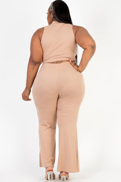 Plus Size Ribbed Mock Neck Crop Tank Top& Bootcut Pants Set - Plus Size Clothing