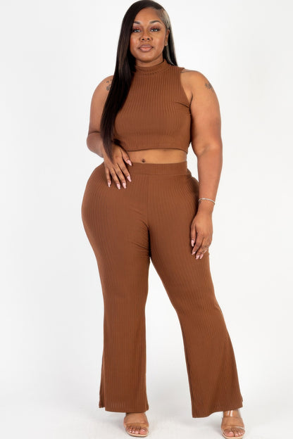 Plus Size Ribbed Mock Neck Crop Tank Top& Bootcut Pants Set - Plus Size Clothing
