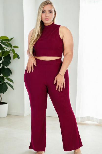 Plus Size Ribbed Mock Neck Crop Tank Top& Bootcut Pants Set - Plus Size Clothing