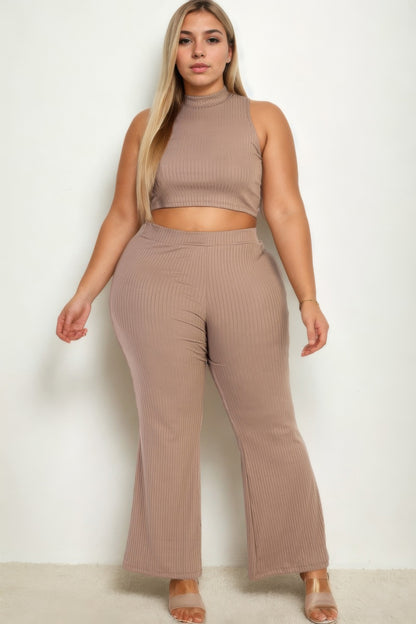 Plus Size Ribbed Mock Neck Crop Tank Top& Bootcut Pants Set - Plus Size Clothing
