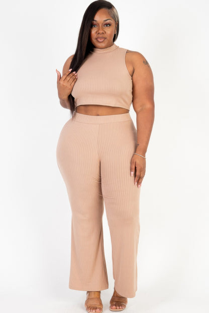 Plus Size Ribbed Mock Neck Crop Tank Top& Bootcut Pants Set - Plus Size Clothing