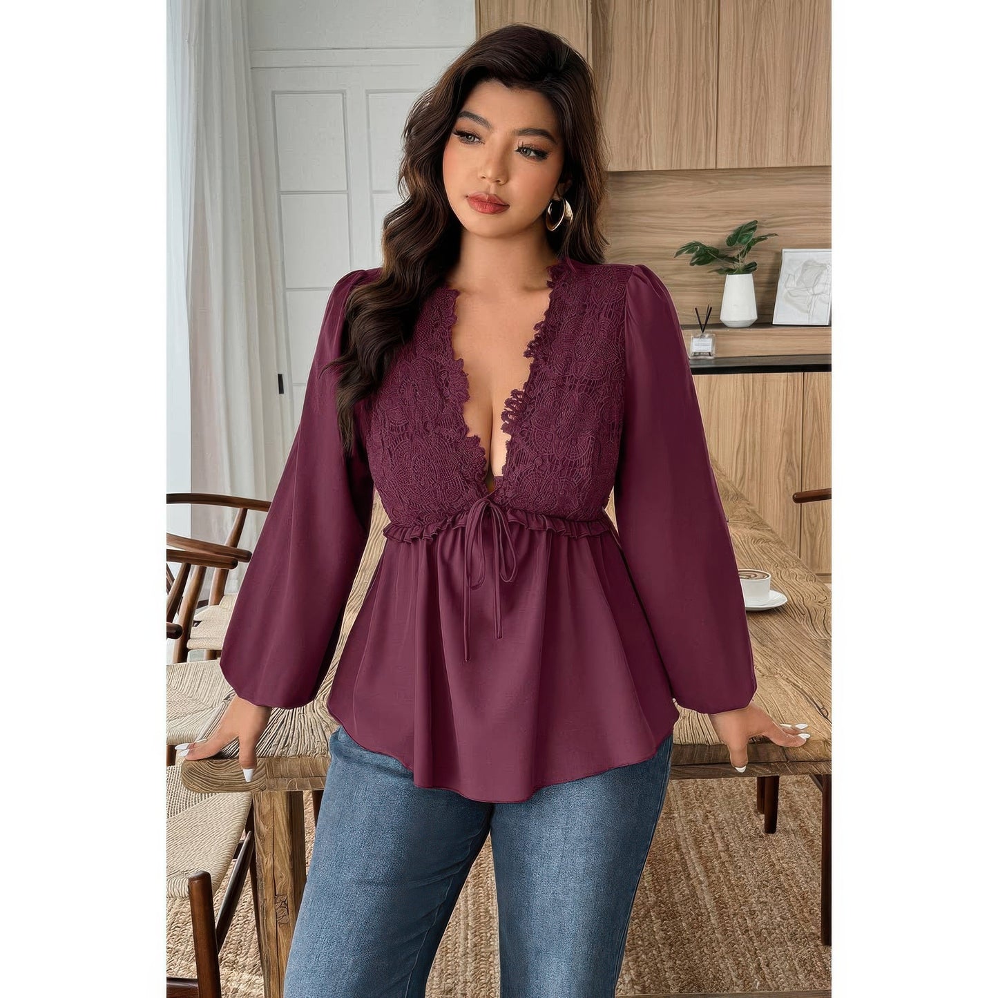 Plus Size Solid V Neck Lace Patchwork Shirt - Plus Size XL-4XL - View 3