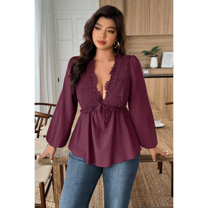 Plus Size Solid V Neck Lace Patchwork Shirt - Plus Size XL-4XL - View 3