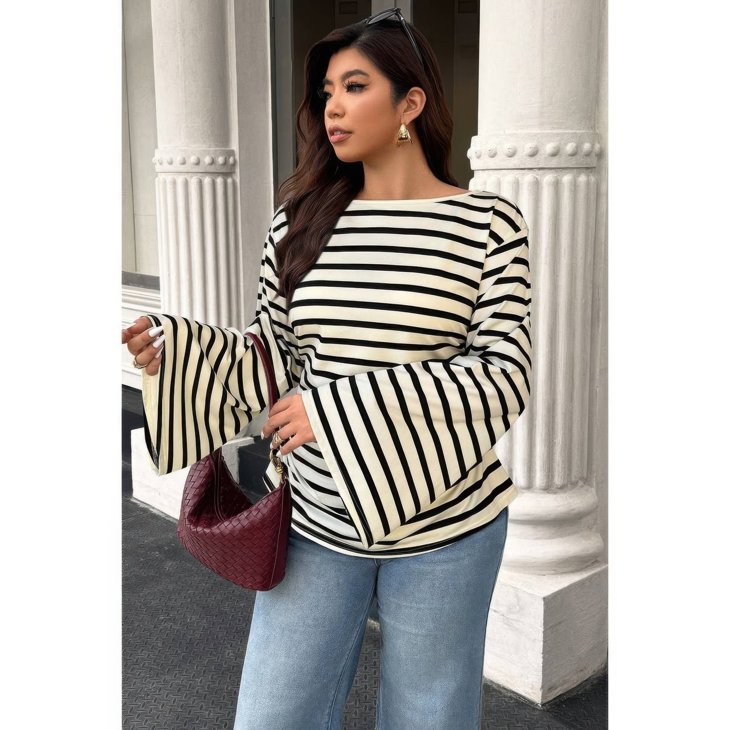 Plus Size Wide Long Sleeve Striped Shirt - Plus Size XL-4XL - View 4
