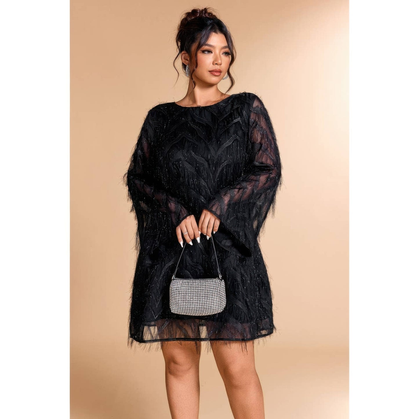 Plus Size Sequin Fringe Lace Short Dress - Plus Size XL-4XL - View 3
