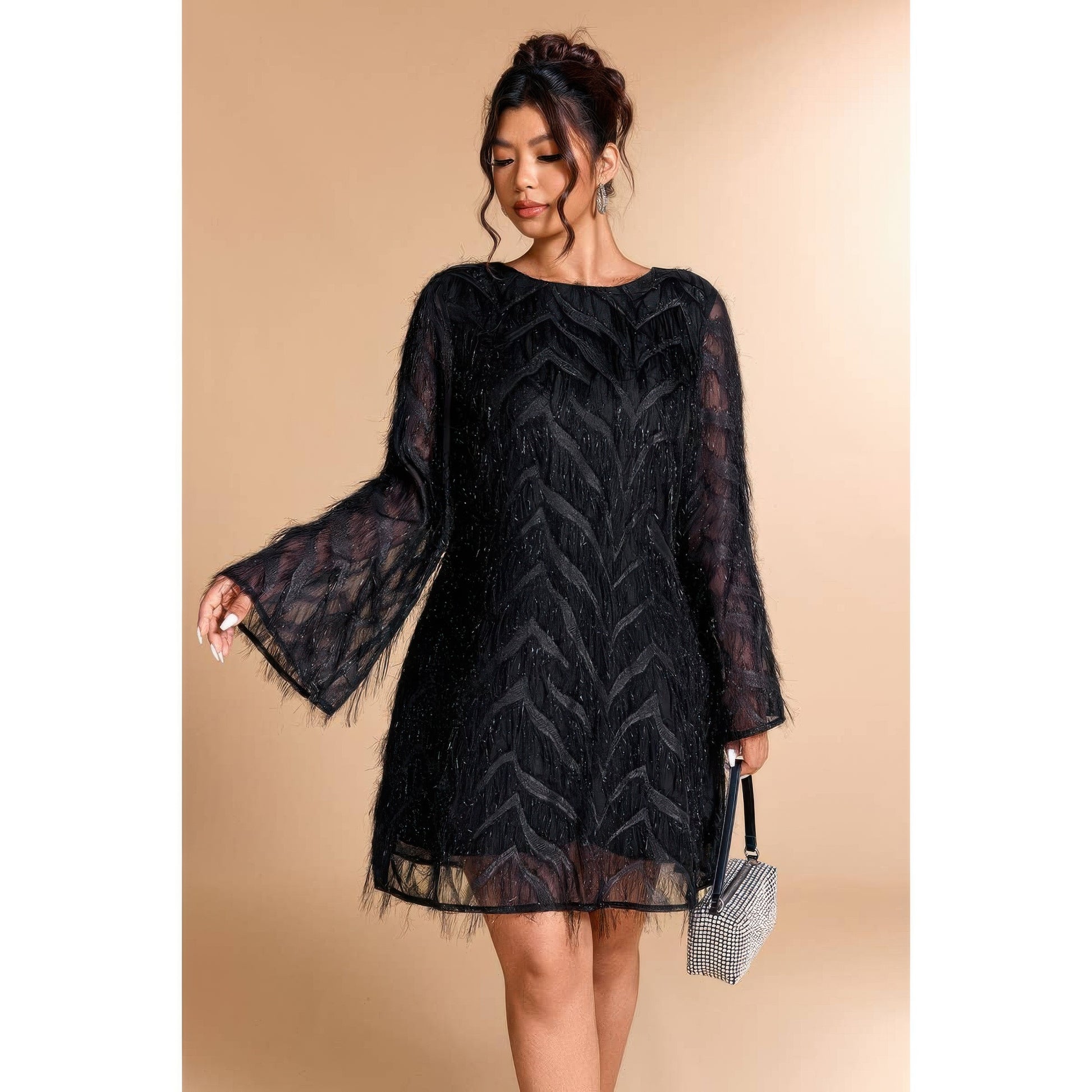 Plus Size Sequin Fringe Lace Short Dress - Plus Size XL-4XL - View 4