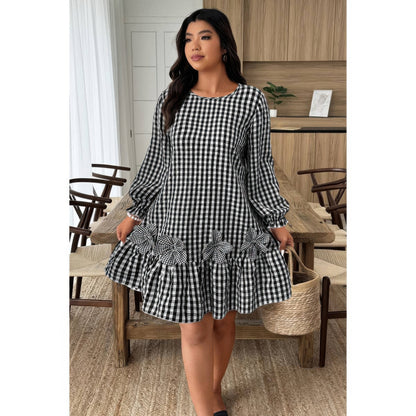 Plus Size Plaid Round Neck Floral Cut Dress - Plus Size XL-4XL - View 1