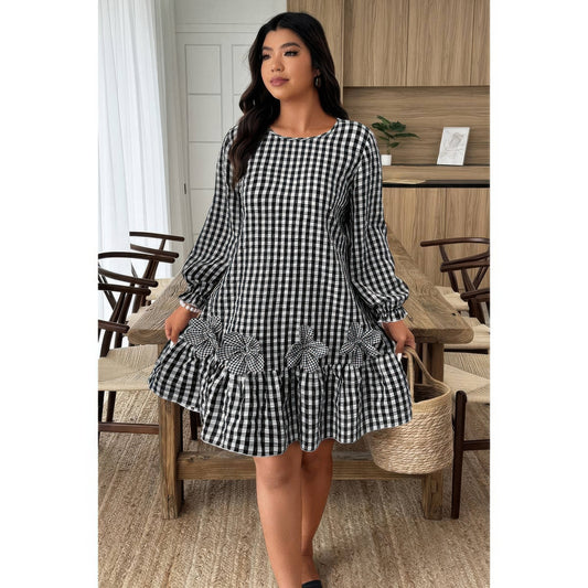 Plus Size Plaid Round Neck Floral Cut Dress - Plus Size XL-4XL - View 1