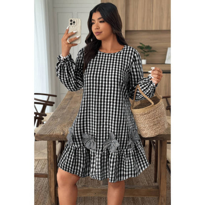 Plus Size Plaid Round Neck Floral Cut Dress - Plus Size XL-4XL - View 3