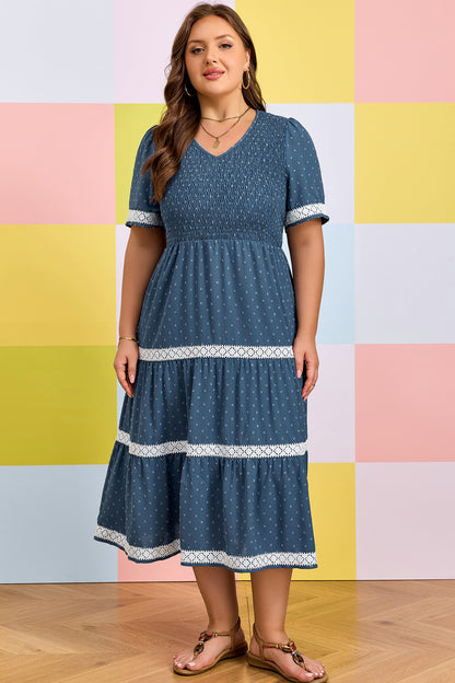 Plus Size V Neck Swiss Dot Lace Midi Dress - Plus Size XL-4XL - View 6