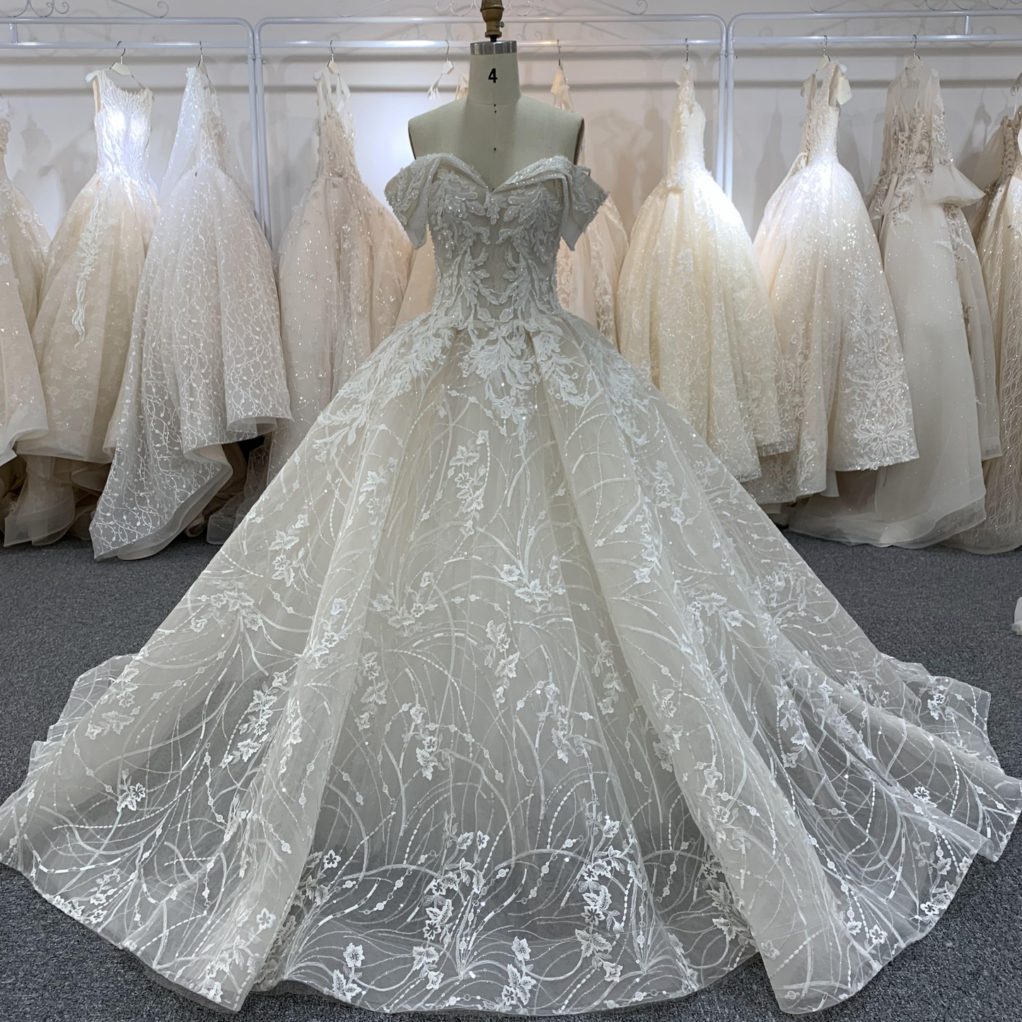 BYG beautiful full lace off the shoulder champagne wedding gown Ball gown wedding dress BYG Wedding Factory 