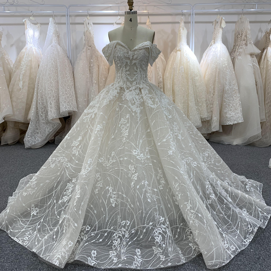BYG beautiful full lace off the shoulder champagne wedding gown Ball gown wedding dress BYG Wedding Factory 
