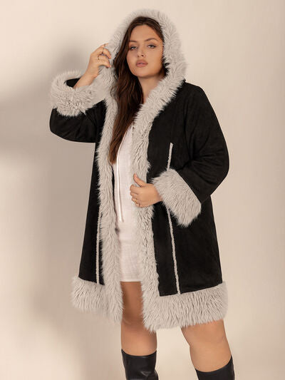 Plus Size Fuzzy Trim Open Front Hooded Coat - Plus Size XL-4XL - View 4