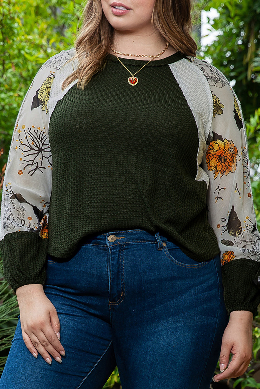 Plus Size Floral Raglan Colorblock Patchwork Knit Blouse