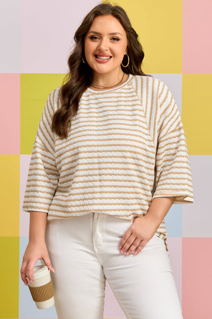 Plus Size Striped Textured Patchwork Half Sleeve Top - Plus Size XL-4XL - View 1