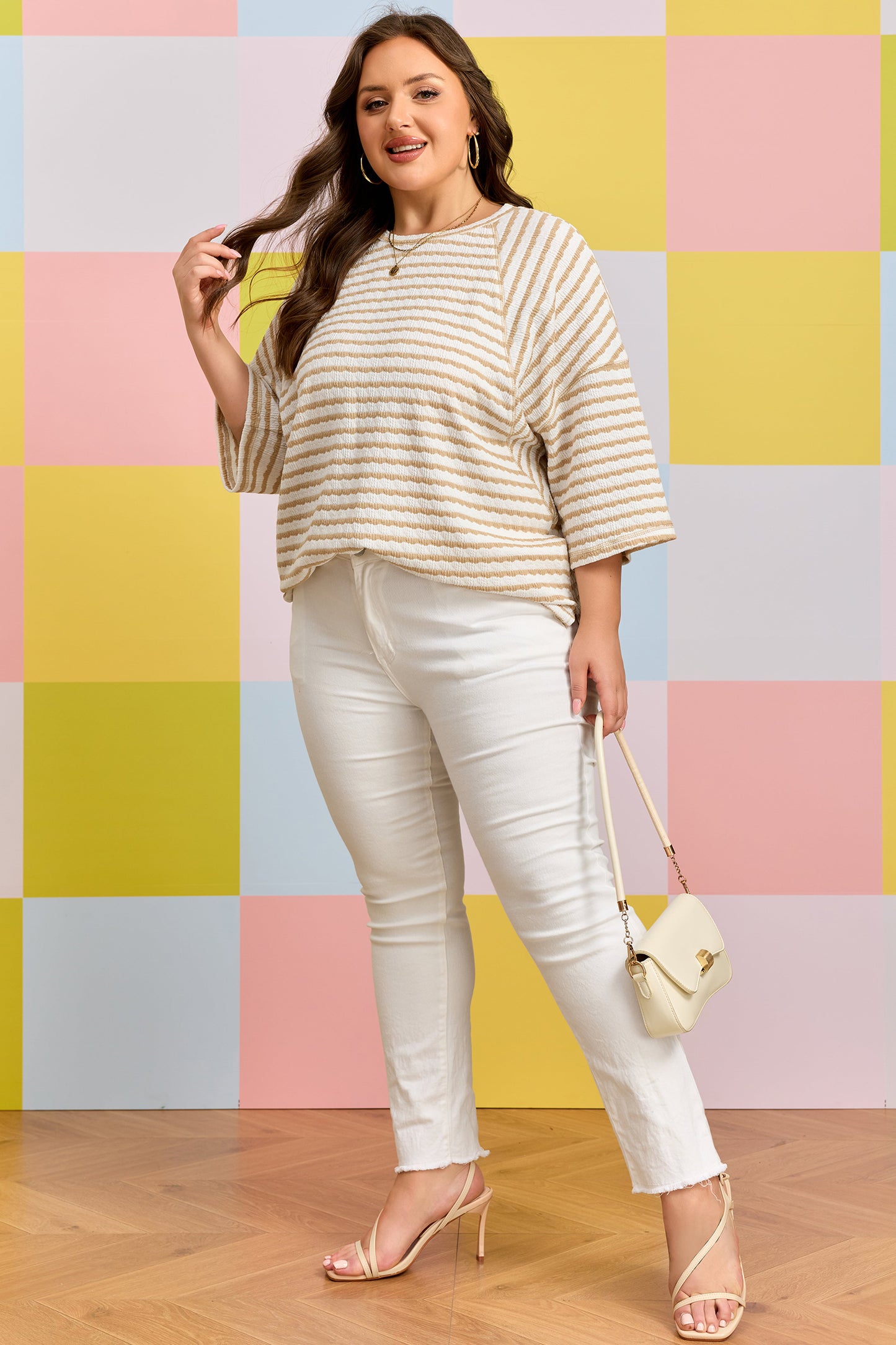 Plus Size Striped Textured Patchwork Half Sleeve Top - Plus Size XL-4XL - View 6