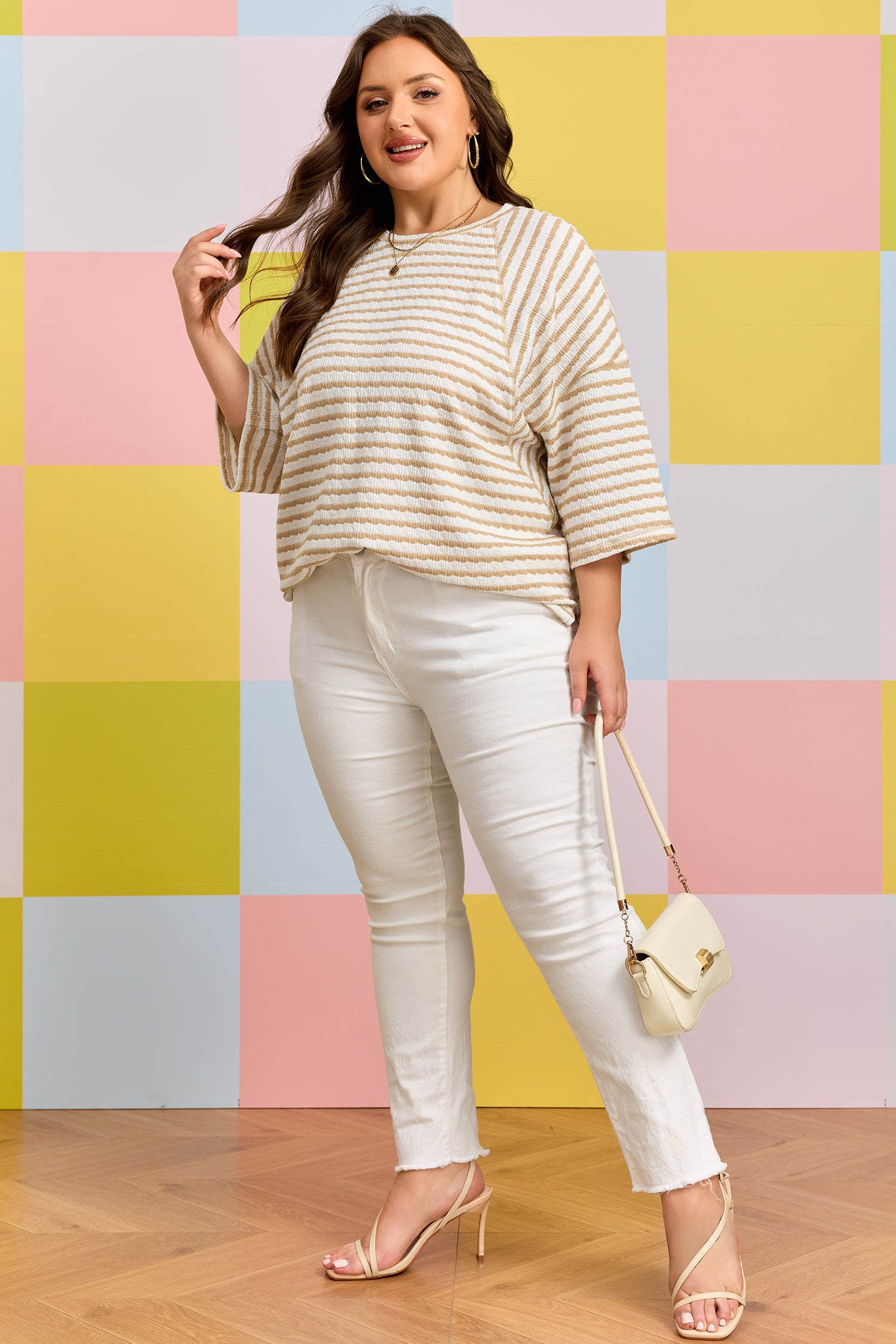 Plus Size Striped Textured Patchwork Half Sleeve Top - Plus Size XL-4XL - View 6