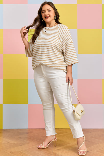Plus Size Striped Textured Patchwork Half Sleeve Top - Plus Size XL-4XL - View 6