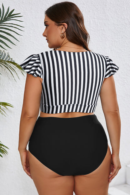 Plus Size Knot Cutout Ruffle Sleeve 2pcs Swimsuit