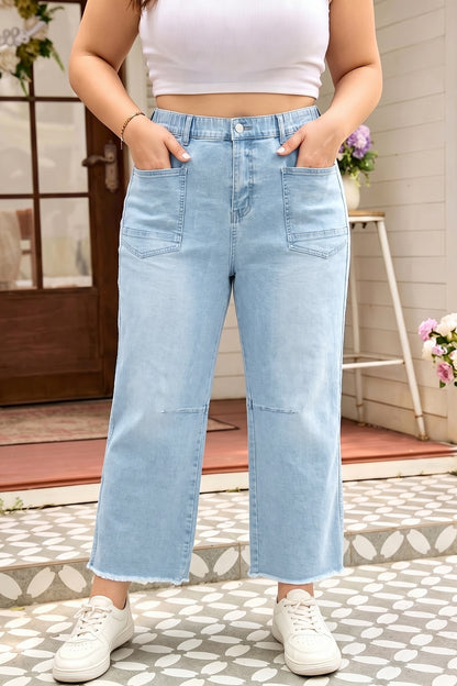 Plus Size Seam Detail Patch Pocket Shift Jeans — front view