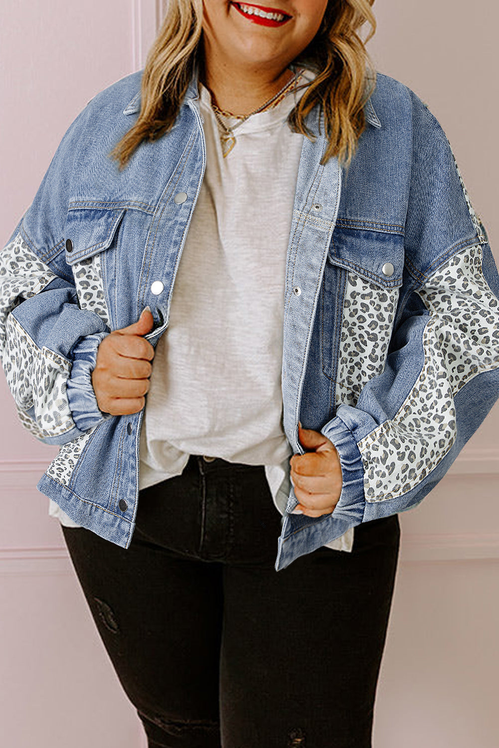 Plus Size Leopard Patchwork Denim Jacket