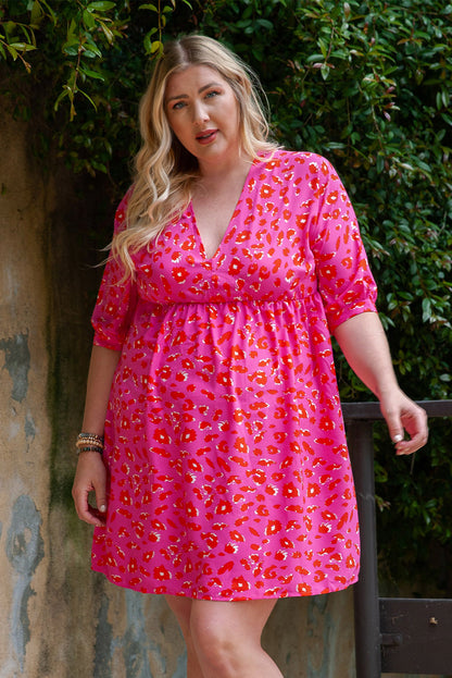Plus Size 3/4 Sleeve V-Neck Leopard Babydoll Dress