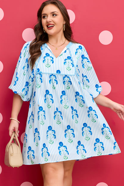 Plus Size Floral Striped Bubble Sleeve Dress - Plus Size XL-4XL - View 8