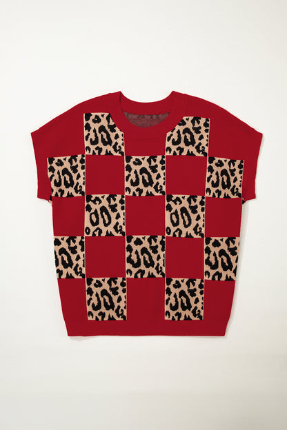 Plus Size Leopard Checkered Short Sleeve Sweater - Plus Size Clothing