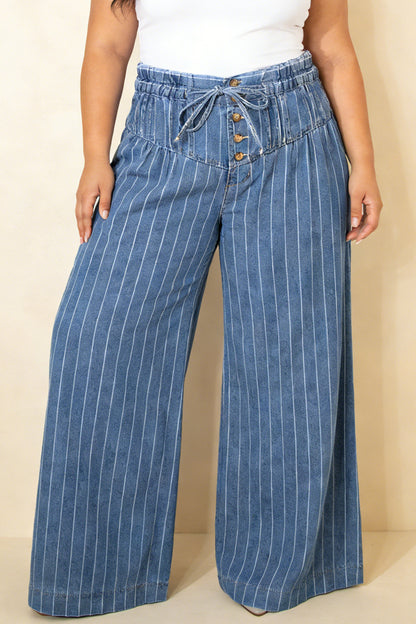 Plus Size Striped Buttoned Wide Leg Denim Pants — front view