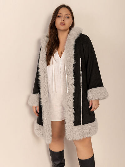 Plus Size Fuzzy Trim Open Front Hooded Coat - Plus Size XL-4XL - View 6