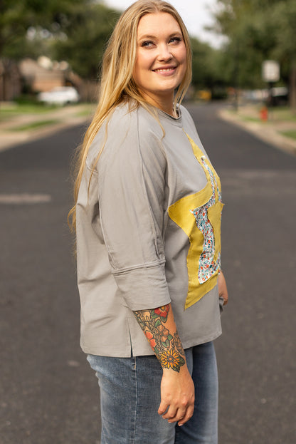 Plus Size Floral Star Patched 3/4 Sleeve Top - Plus Size XL-4XL - View 3